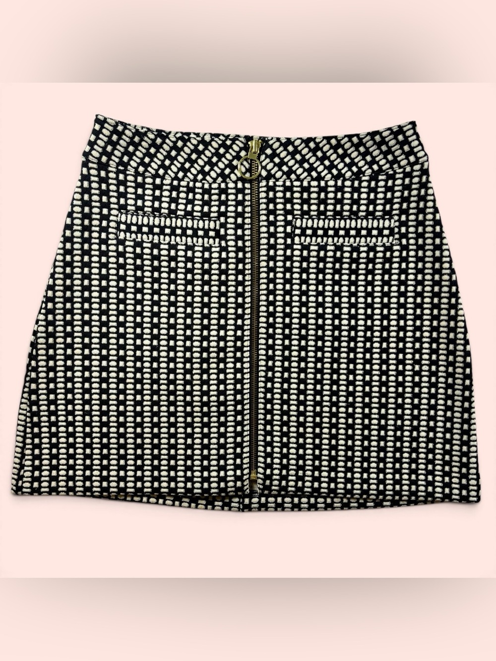 Express Black White Geometric Mini Skirt Size 2 Gold Front Zip Ring Pull